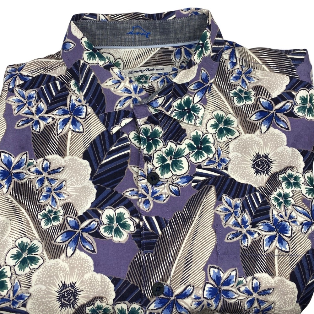 Tommy Bahama‎ Mens Large Purple Tropical Floral Short Sleeve Button Down Shirt